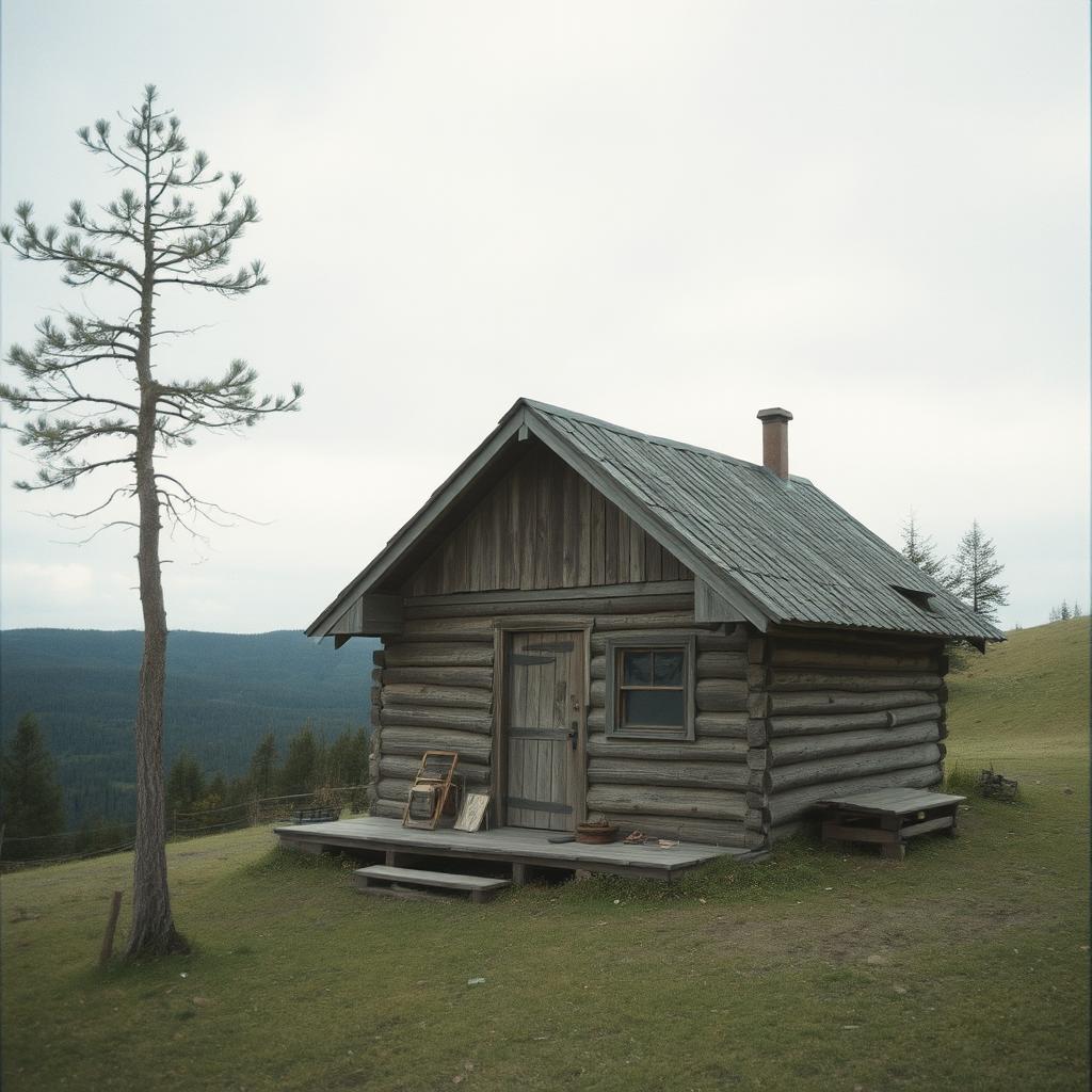 drevená chata na kopci. Pre ňou je strom